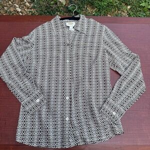 Talbots Silk Blouse Geometric Diamond Print Modern Women Size 10 Brown and Tan